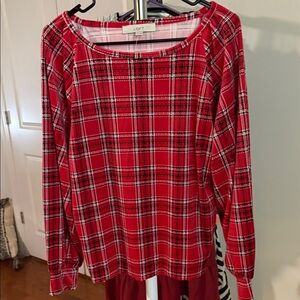 LOFT Vibrant Red and Green plaid velour Blouse